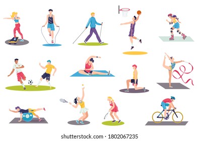 People doing sport exercises vector illustration set. Cartoon flat man woman sportsman characters training, cycling. Active athletes play soccer, tennis or basketball. Sport activity isolated on white