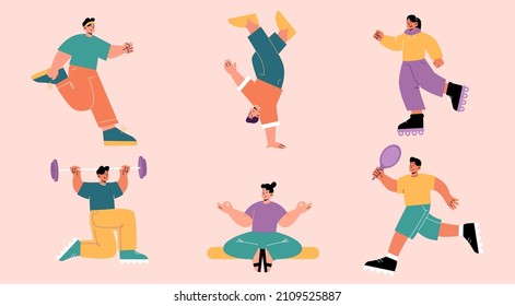 People doing sport exercises, yoga, jogging, breakdance and tennis. Vector flat set of healthy lifestyle, different activities and workout with men and women with rollers, barbell and racket