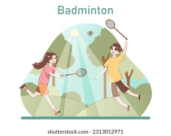 People doing sport. People are exercising by playing badminton. Summer outdoor sport game. Female and male characters with healthy lifestyle. Sportsmen training. Flat vector illustration