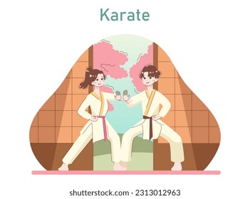 People doing sport. Karate fighters in kimono. Traditional sport or martial art. Female and male characters in traditional clothes. Sportsmen training. Flat vector illustration