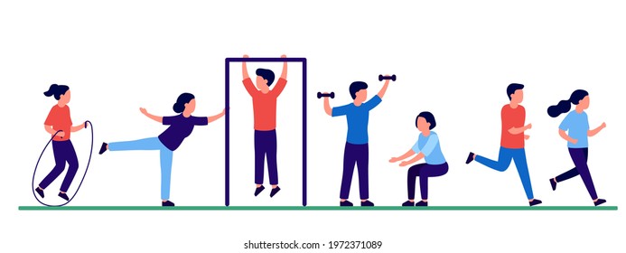 People doing sport in nature together, active exercise, fitness, running, working out outdoors. Men and women training, jogging, stretching body, skipping rope. People leisure activity. Vector