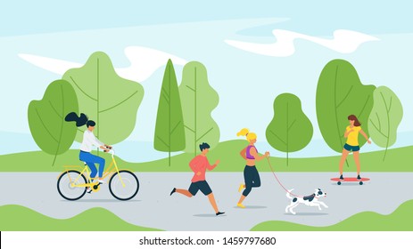 People doing sport in park flat vector illustration. Cartoon characters jogging with dog, riding bike, skating in city park. Man and woman training on nature. Outdoor activities. Leisure, hobby, sport