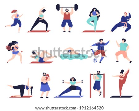 People doing sport. Workout characters, active male female sport exercise. Flat friends training, tennis yoga jogging decent vector set