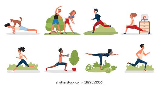 People doing sport yoga exercises in park, gym or at home vector illustration set. Cartoon active young man or woman characters do gymnastics, jogging running training stretching isolated on white