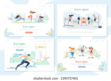 People Doing Sports Activity with Smart Gadgets Horizontal Banner Set. Human Characters Doing Yoga, Exercising in Gym, Running Sprinter Distance, Technologies in Sport Cartoon Flat Vector Illustration