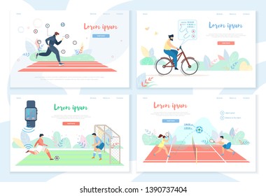 People Doing Sports Activity with Smart Gadgets Horizontal Banner Set. Male, Female Character Running, Driving Bicycle, Playing Football, Tennis. Technologies in Sport Cartoon Flat Vector Illustration