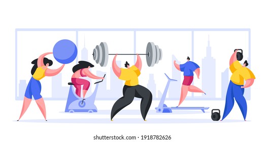 People doing sports in gym vector cartoon illustration. Male characters are engaged in weightlifting with barbell and kettlebell lifts. Women do exercises with fitness ball train on orbit track.