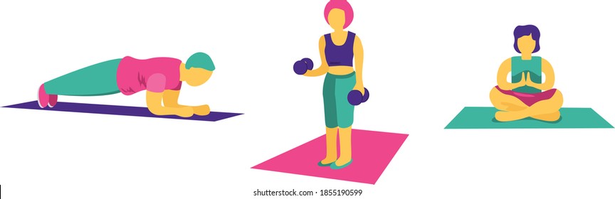 People doing sports at home - colorful vector flat illustration. Yoga, plank, dumbbell exercises, exercise indoors