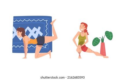 People doing sports at home set. Young women doing donkey kicks and sit ups cartoon vector illustration