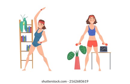 People doing sports at home set. Young women exercising with dumbbells and doing side bends cartoon vector illustration