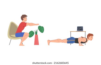 People doing sports at home set. Young men doing sit ups and push up exercises cartoon vector illustration