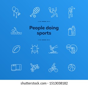 People doing sports line icon set. Tennis, cycling, diet. Healthy lifestyle concept. Can be used for topics like physical activity, training, leisure