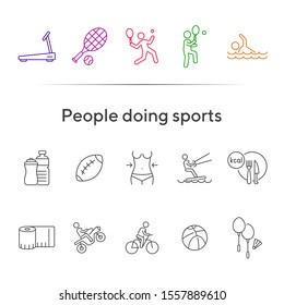 People doing sports line icon set. Tennis, cycling, diet. Healthy lifestyle concept. Can be used for topics like physical activity, training, leisure