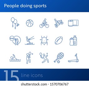 People doing sports line icon set. Tennis, cycling, diet. Healthy lifestyle concept. Can be used for topics like physical activity, training, leisure