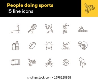 People doing sports line icon set. Tennis, cycling, diet. Healthy lifestyle concept. Can be used for topics like physical activity, training, leisure