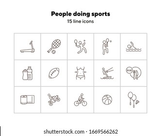 People doing sports line icon set. Tennis, cycling, diet. Healthy lifestyle concept. Can be used for topics like physical activity, training, leisure