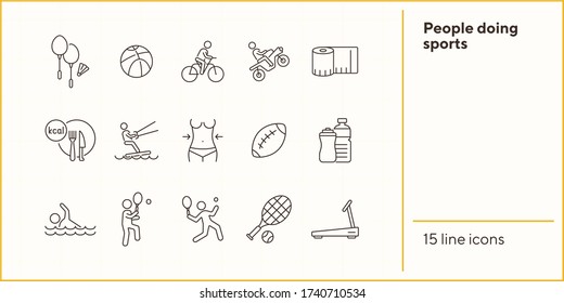 People doing sports line icon set. Tennis, cycling, diet. Healthy lifestyle concept. Can be used for topics like physical activity, training, leisure