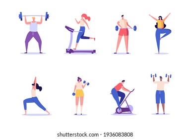 People doing sports in the park as a group. Set of outdoor fitness, outdoor yoga, group exercise in park, fitness outdoors, sports lifestyle. Vector illustration in flat design