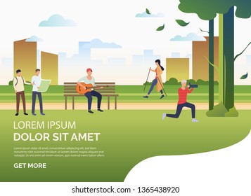 People doing sports and relaxing in city park, sample text. Relaxation, activity, lifestyle concept, presentation slide template. Can be used for topics like summer, leisure, nature
