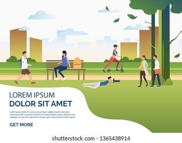 People doing sports and relaxing in park with sample text. Relaxation, activity, lifestyle concept, presentation slide template. Can be used for topics like summer, leisure, nature