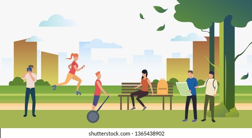 People doing sports and relaxing in summer city park. Relaxation, activity, lifestyle concept. Can be used for topics like summer, leisure, nature