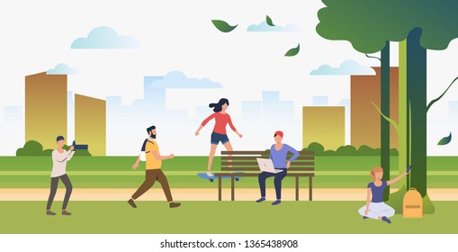 People doing sports, relaxing and taking photos in city park. Relaxation, activity, lifestyle concept. Can be used for topics like summer, leisure, nature