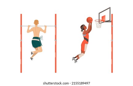 People doing sports set. Men playing basketball and training on horizontal bar cartoon vector illustration