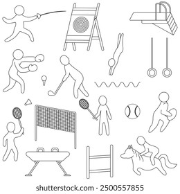 People doing sports. Set of vector illustrations. Doodle style. Outline on isolated white background. Coloring book. Rugby, horse riding, diving, fencing, pommel horse. Group of sports icons.