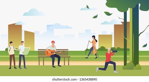 People doing sports, taking photos and relaxing in city park. Relaxation, activity, lifestyle concept. Can be used for topics like summer, leisure, nature