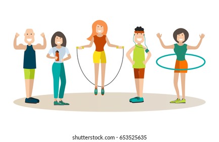 People doing sports vector illustration. Men and women training outdoors, flat style design cartoon characters, icons isolated on white background.