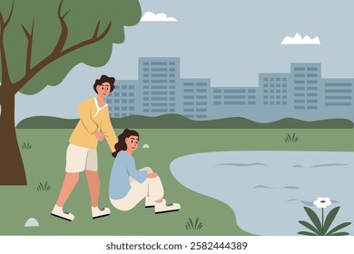 People doing sports in the weekend. Couple in the urban park. Sport dating. Morning run. Rest break after running. Spring time. Holiday. Summer season.