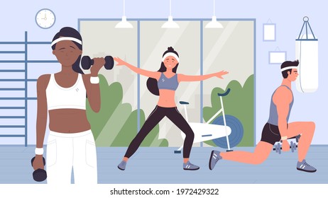 People doing sports workout with dumbbells in gym vector illustration. Cartoon active young sportive woman man characters in sportswear training with sport equipments, healthy lifestyle background