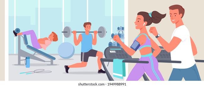 People doing sports workout in gym, active young sportive woman man run on treadmill