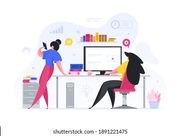 People doing statistics and adjusting webinar cartoon illustration. Female characters in office analyze schedule visiting online lectures optimize sites resources. Vector success marketing strategy.