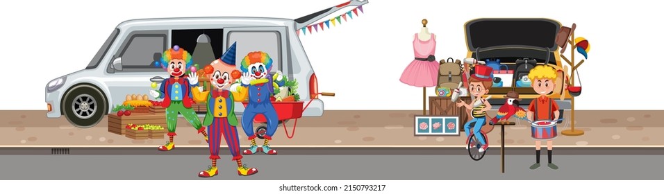 People doing street performance on the sidewalk illustration