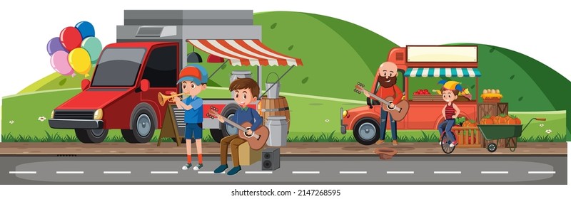 People doing street performance in the park illustration