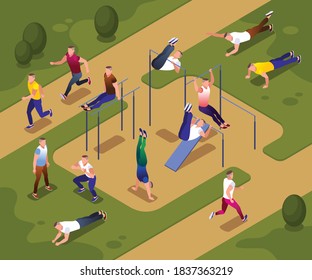 People doing street workout on the sports ground in the park.  People on the parallel bars and horizontal bar. Healthy and active lifestyle. Illustration isometric icons on isolated background