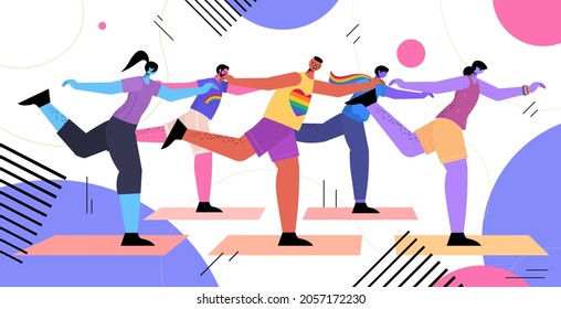 people doing stretching exercises LGBT parade pride festival transgender love concept full length horizontal vector illustration