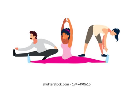 people doing stretching and strength exercise vector illustration design
