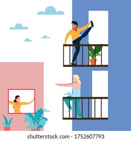 people doing stretching and strength exercises on the balcony of their houses vector illustration design