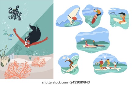 People doing summer water sports. Set of flat graphic vector illustrations isolated on white background, hand drawn.