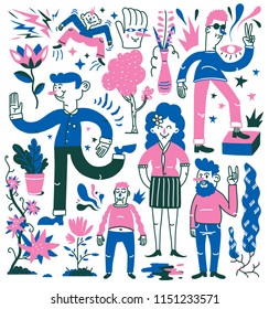 People doing things, flowers, plants, trees and abstract fantasy objects.