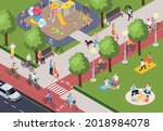 People doing various activities in city park cycling walking children playing on playground 3d isometric vector illustration