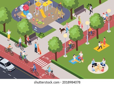 People doing various activities in city park cycling walking children playing on playground 3d isometric vector illustration