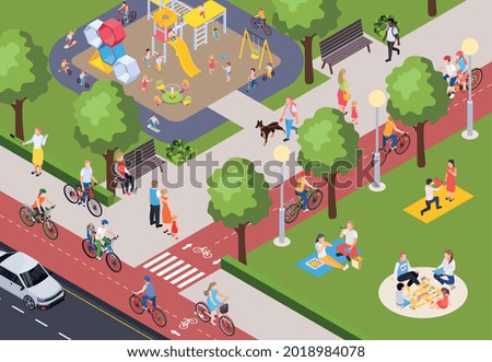 People doing various activities in city park cycling walking children playing on playground 3d isometric vector illustration