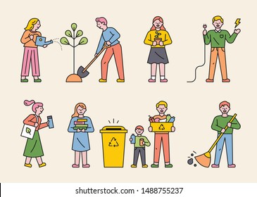 People doing various environmental protection campaigns. flat design style minimal vector illustration.