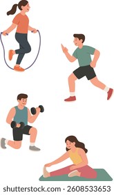 "People doing various exercises" A group of men and women are engaged in different exercises like jumping rope, lifting weights, running, and stretching.