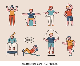 People doing various exercises in the gym. flat design style minimal vector illustration.