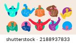 People doing various gestures in a circular frame. Men and women looking out of circle window. Colorful vector illustration

