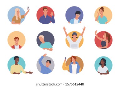 People doing various gestures in a circular frame. Men and women looking out of circle window. Vector illustration in a flat style